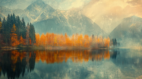 黄叶森林雪山高山湖泊