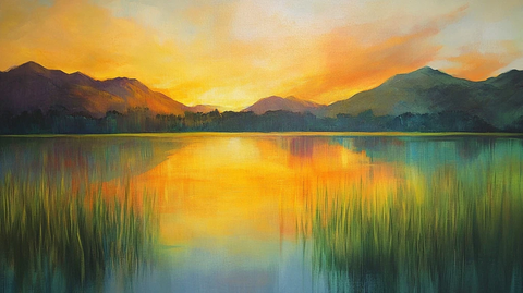 湖面晚霞油画