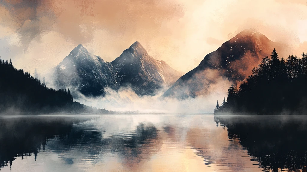 手绘唯美山水倒影