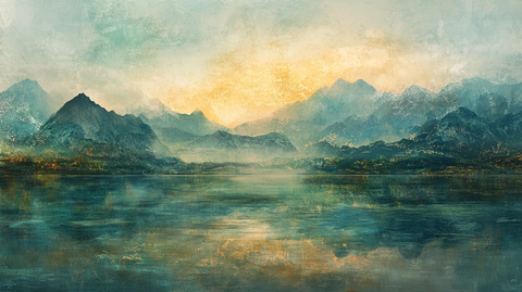 油画远山群山倒影云雾