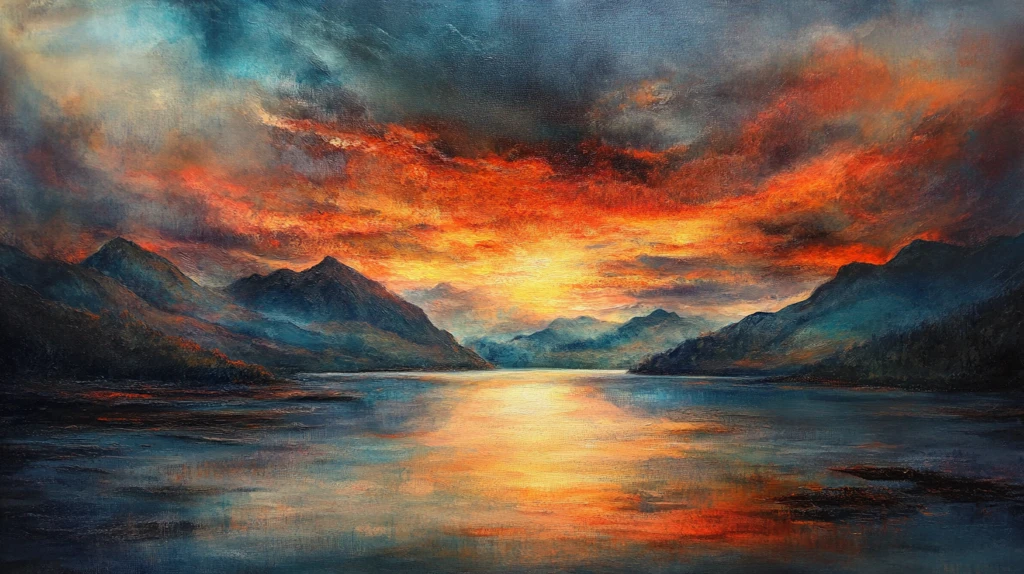 油画远山群山倒影云雾