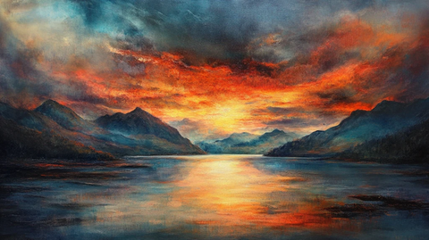 油画远山群山倒影云雾