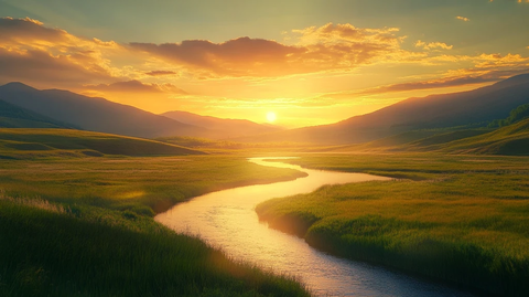 草原河流日出美景