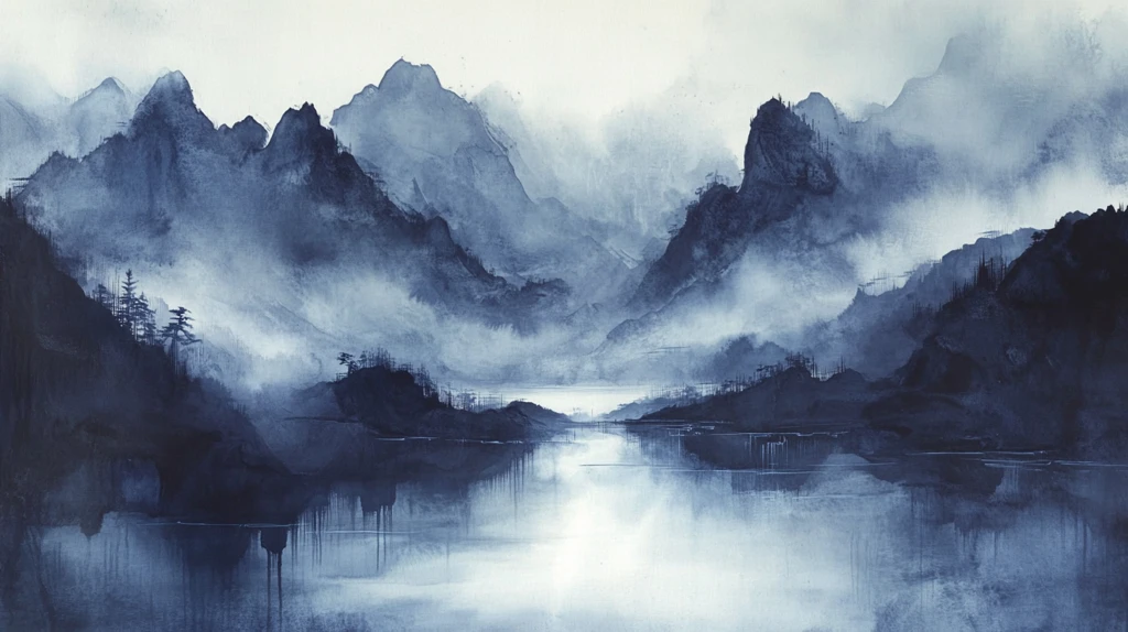 山水风光禅意水彩画