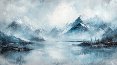 油画远山群山倒影云雾