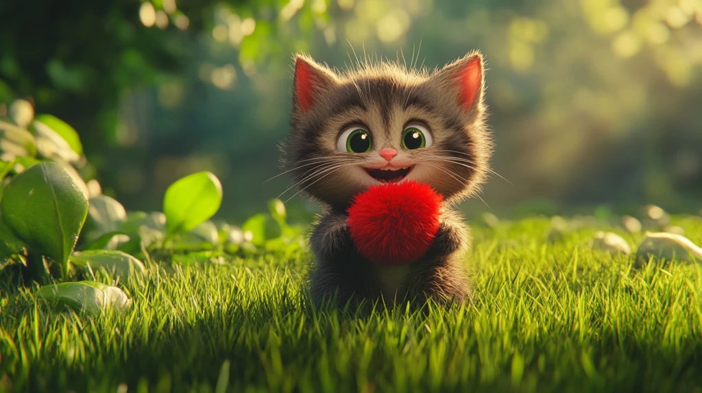 小猫红球绿草地