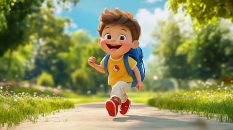 背着书包奔跑的小男孩