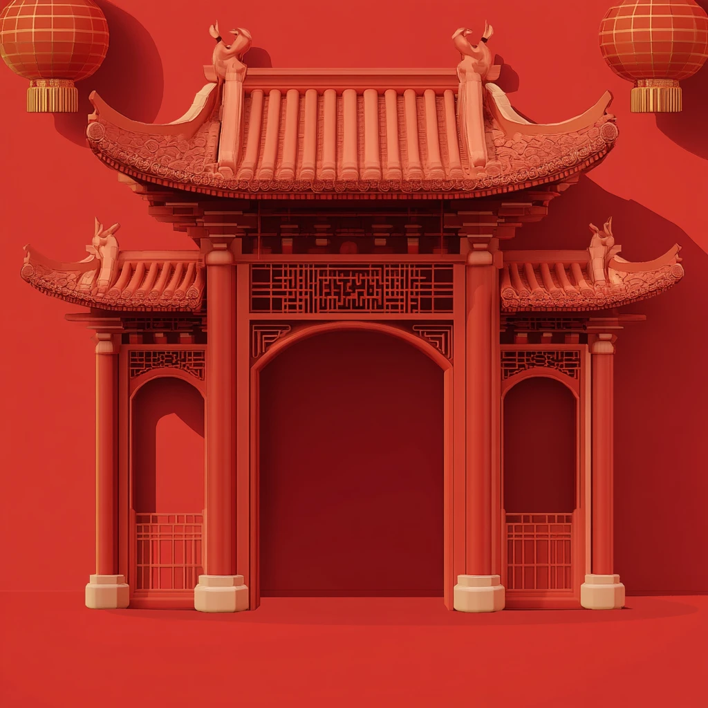 中式红色大门圆拱门