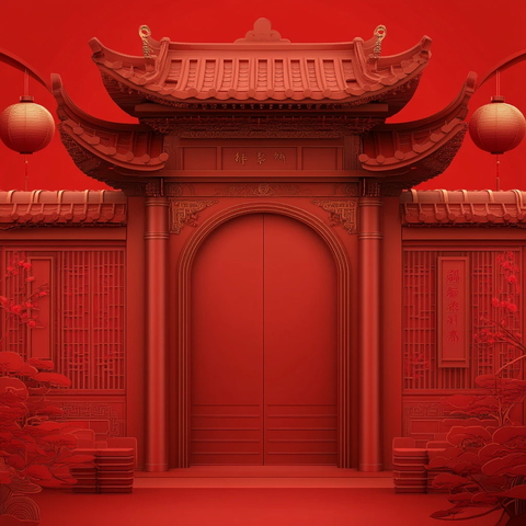 中式红色大门圆拱门