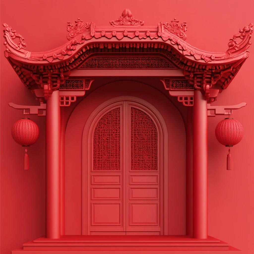 中式红色大门圆拱门