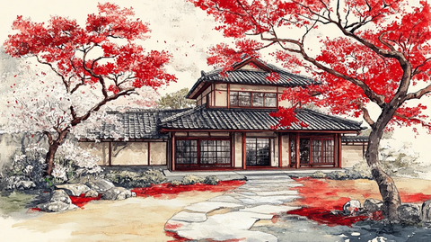 中式民居红枫树