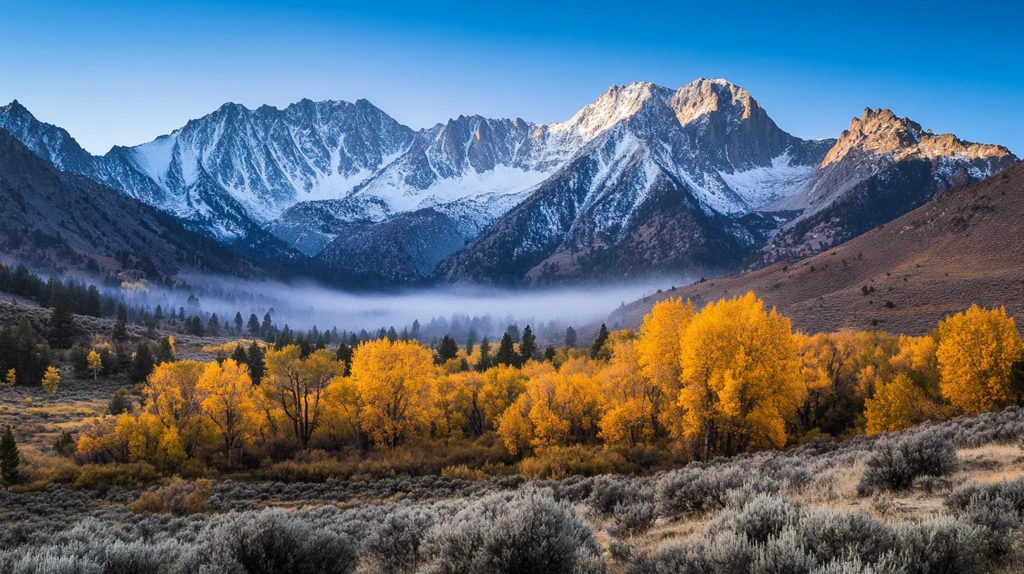 金秋雪山松林晨雾
