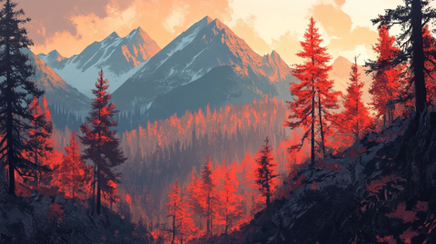 雪山松林秋景图