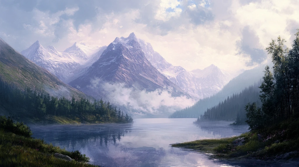 湖畔晨雾山间行