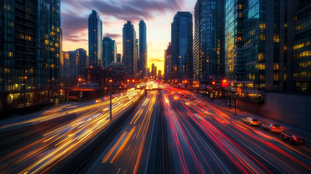 夕阳下的城市快车道