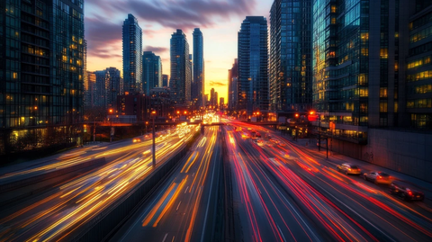 夕阳下的城市快车道