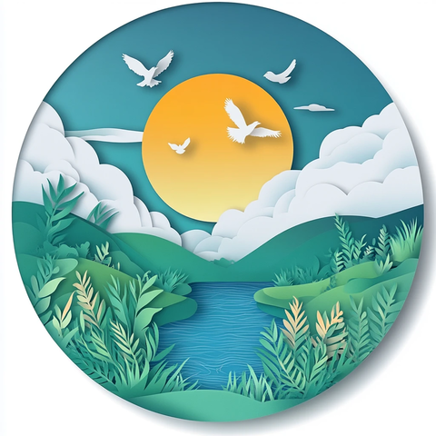 山水圆形插画