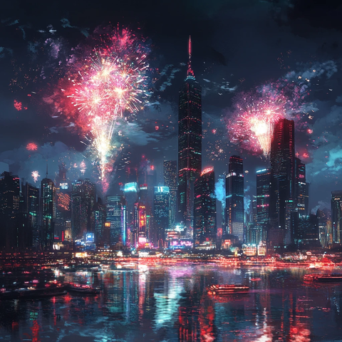 新年夜烟花城景