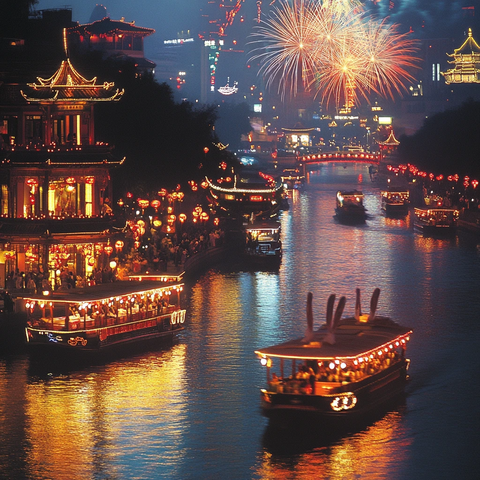 春节烟花城市河景