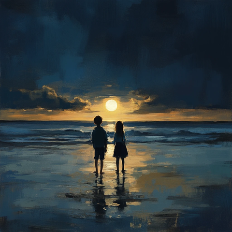 手绘看海的情侣插画