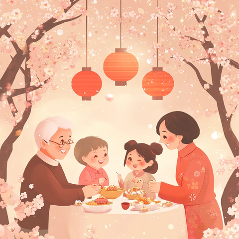 全家团圆过年插画