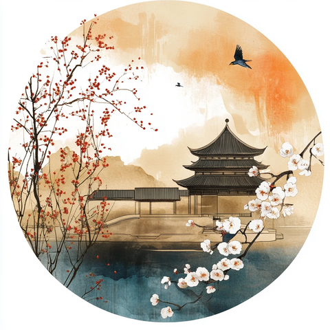 花鸟山水古建筑插画