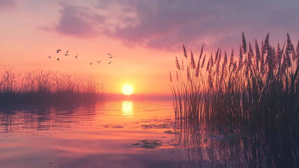 夕阳风景芦苇池塘