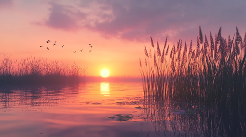 夕阳风景芦苇池塘