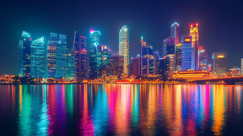 湖边高楼霓虹夜色