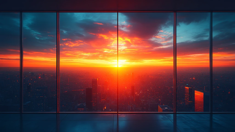 透过窗户看城市落日