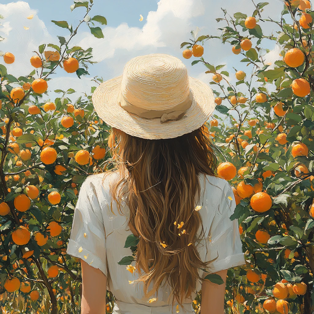 采柑果女孩插画