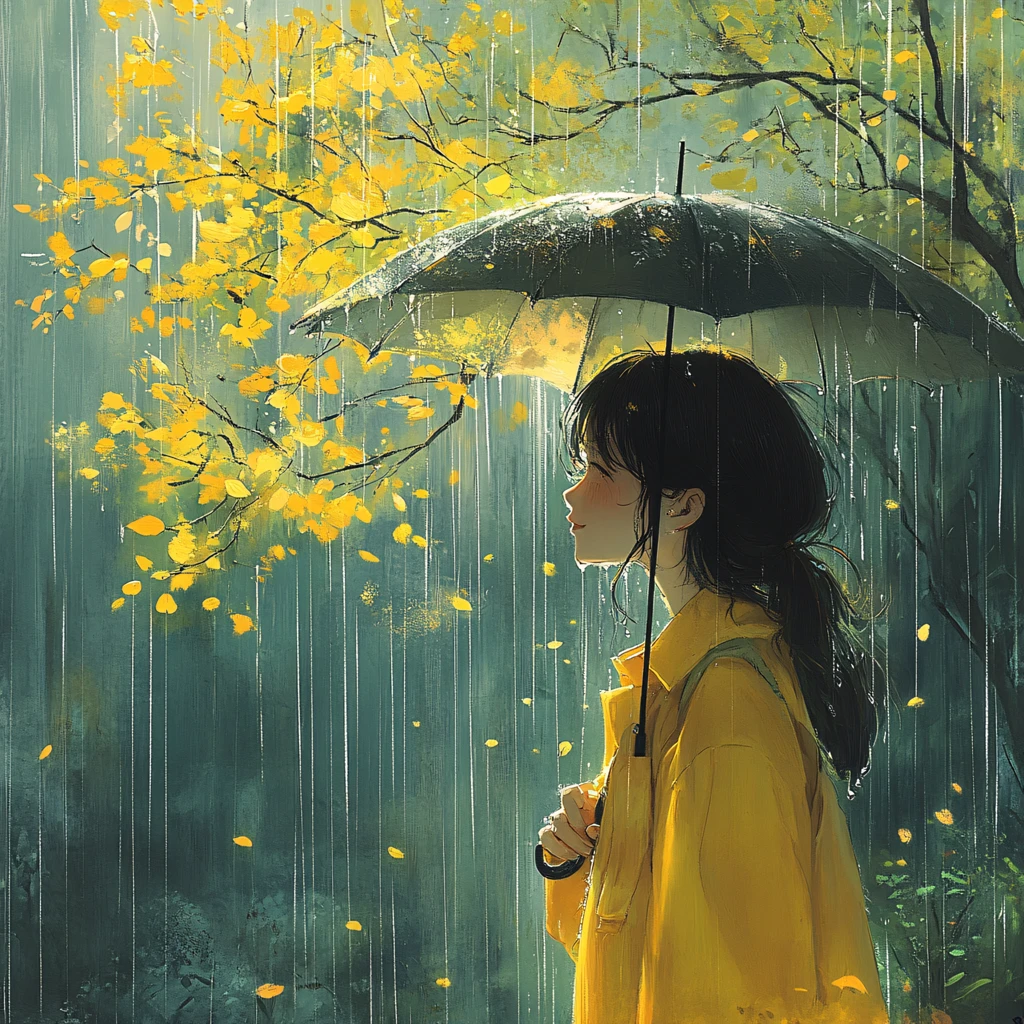 雨中撑伞的少女