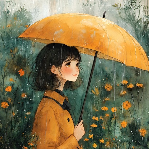 雨中撑伞的少女