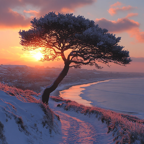 冬季雪原落日一颗树