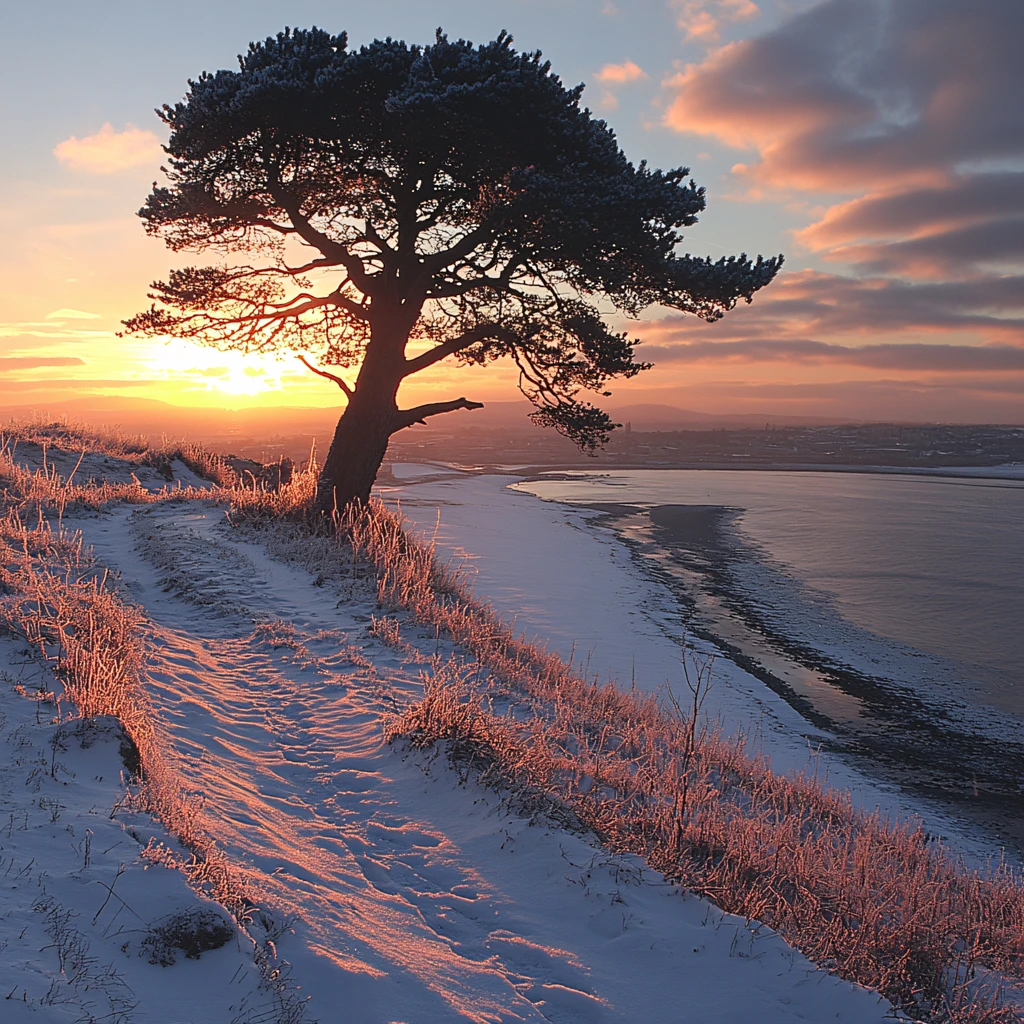冬季雪原落日一颗树