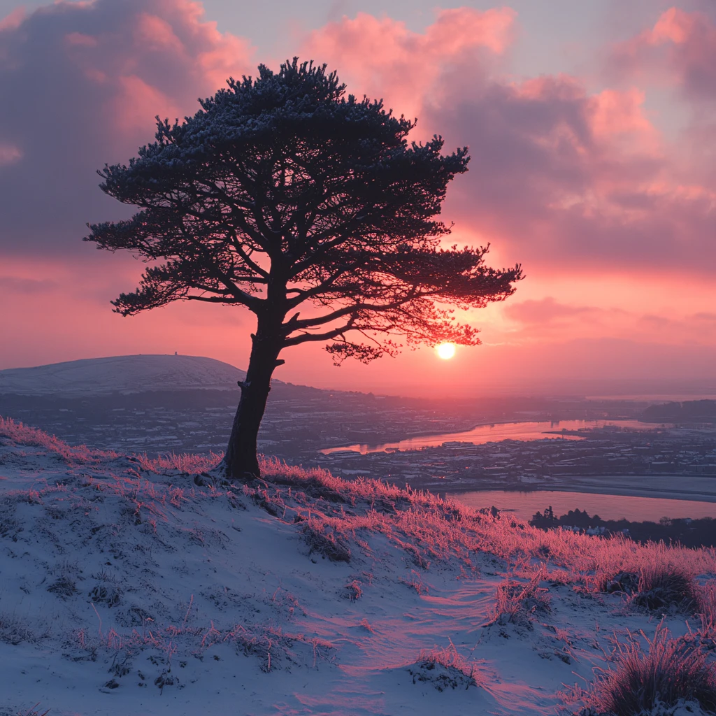冬季雪原落日一颗树