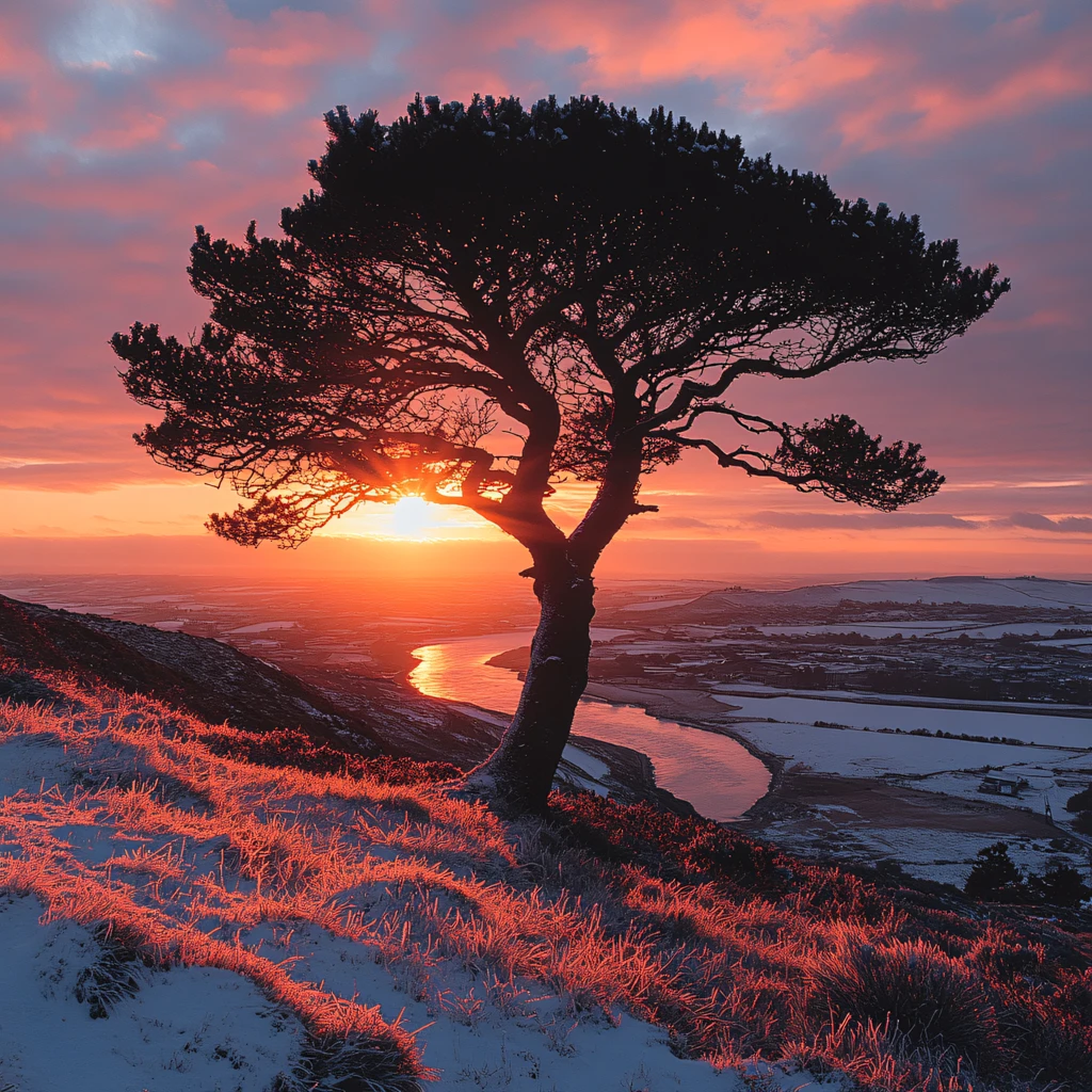 冬季雪原落日一颗树