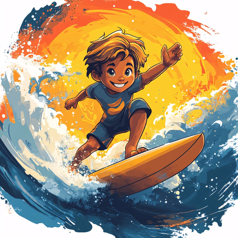 手绘冲浪的男孩
