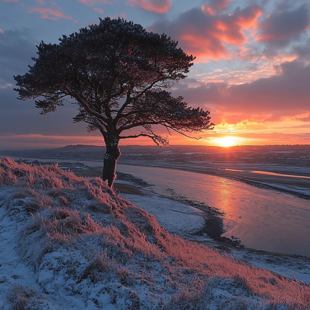 冬季雪原落日一颗树