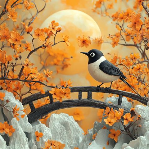 新中式山水银杏叶花鸟