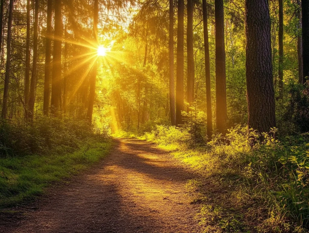 阳光洒在森林小路上
