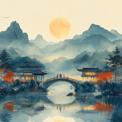 新中式楼阁山水