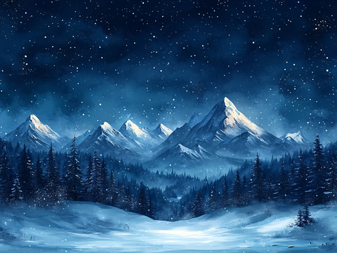 手绘雪夜风景无框画