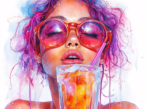 手绘喝饮料美女