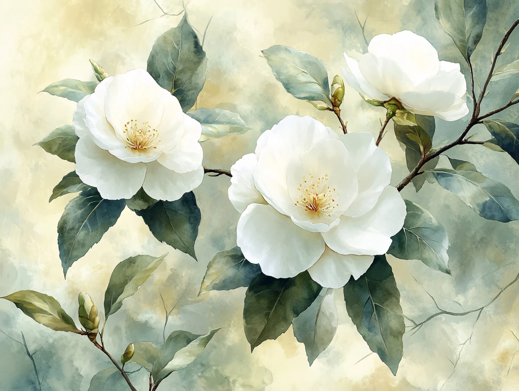 手绘山茶花装饰画