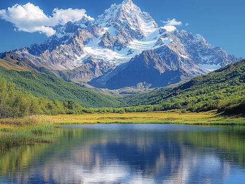 蓝天白云雪山草地湖泊