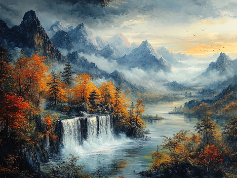 山水风景油画瀑布