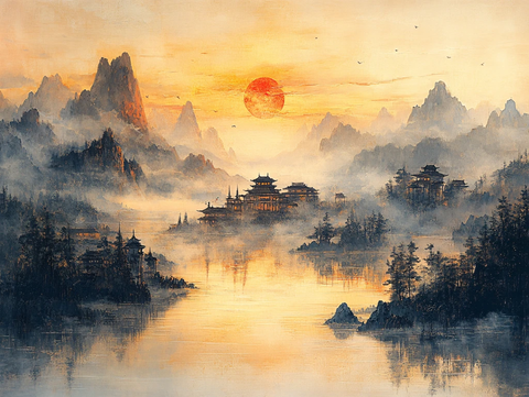 插画横店水彩水墨山水