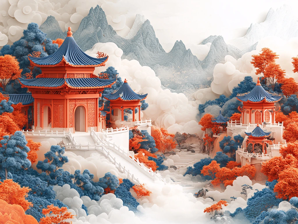 炫彩渐变山水古建插画