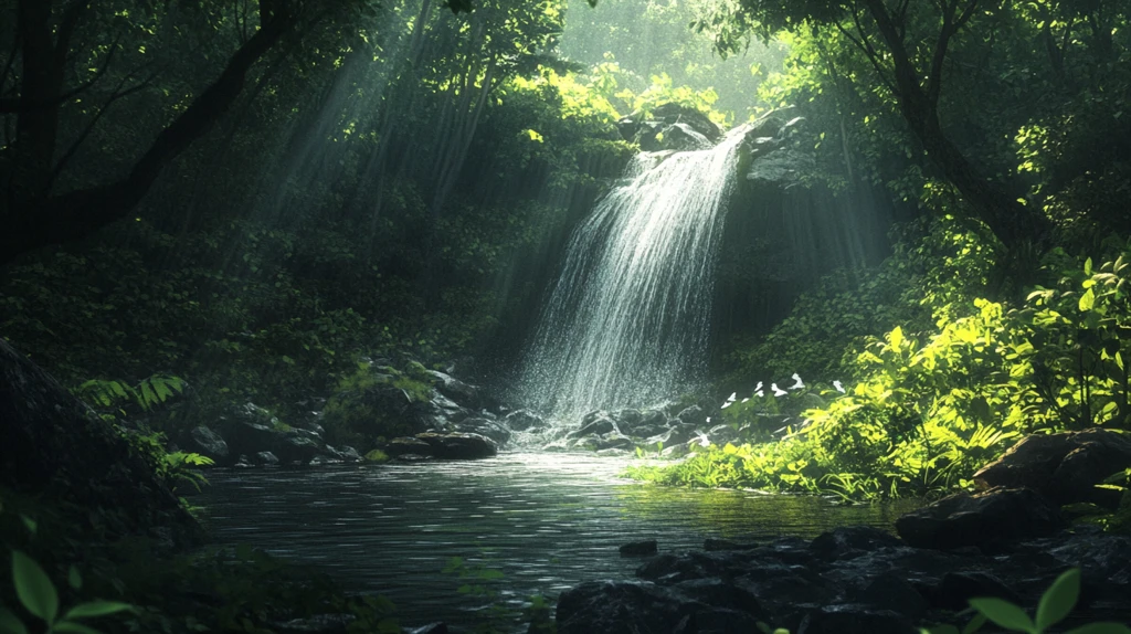 春天竹林瀑布晨曦唯美